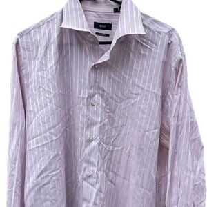 Hugo Boss Shirt Mens 17.5 Long Sleeve Pink Striped Regular Button Down Large